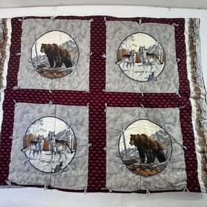 Hand made mountain Wildlife Quilt bead spread grizzly Bear and Wolves 66” x 41”